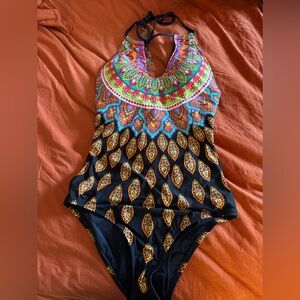 Trina Turk Moroccan medallion halter one piece swimsuit